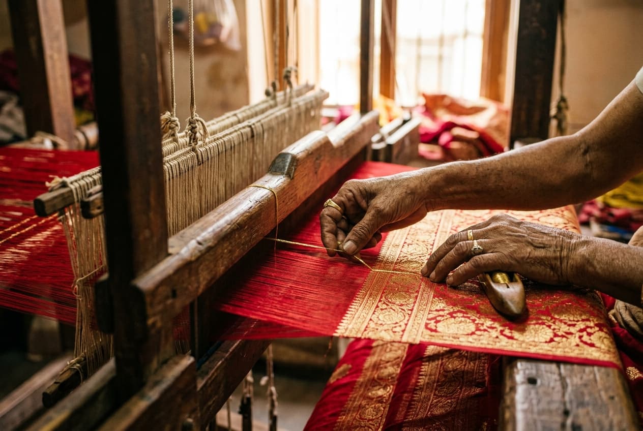 Master artisan threading golden zari into a red silk handloom