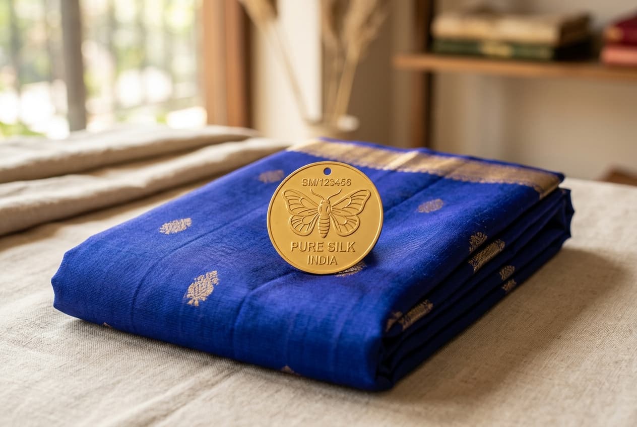 Pure mulberry silk saree with official golden Silk Mark certification tag